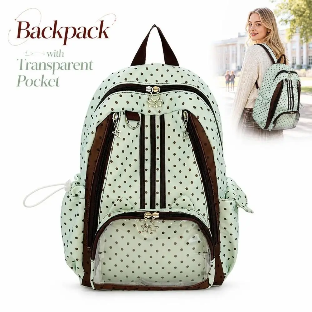 Lovely Polka Dot Student Backpack Transparent Pocket Lightweight Rucksack Durable Multi‑pocket Backpack Teenagers