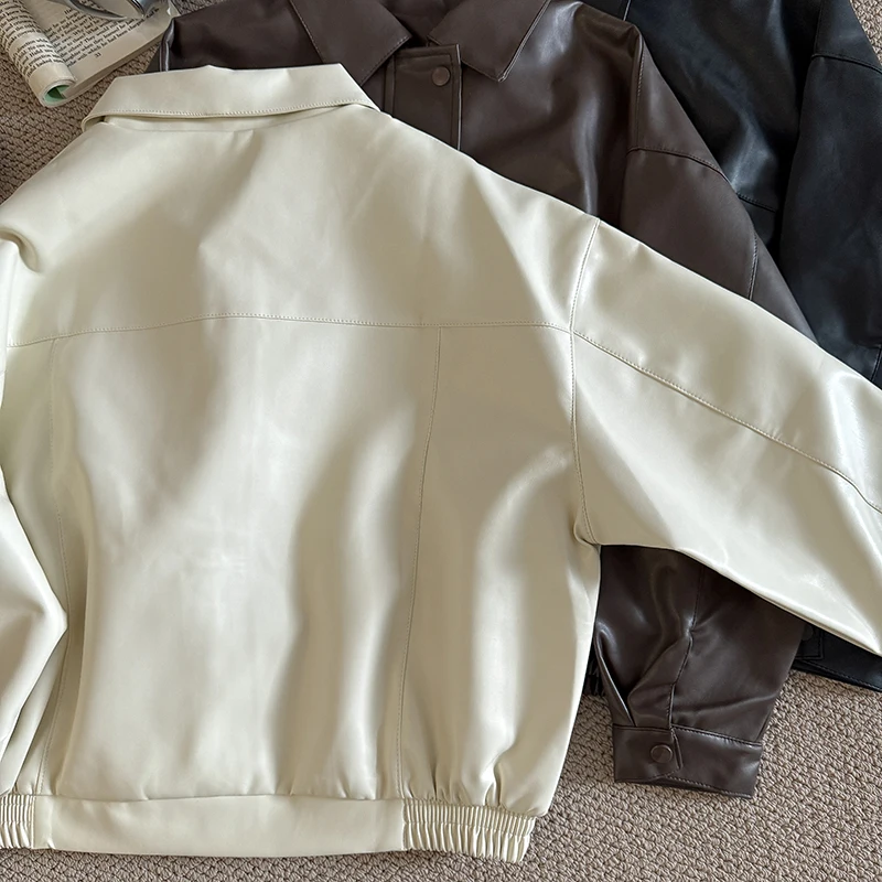 패션 여성 가죽 자켓 레트로 턴 돈 칼라 지퍼 루즈 탑 가을/겨울 방풍 오토바이 소프트 PU 겉옷