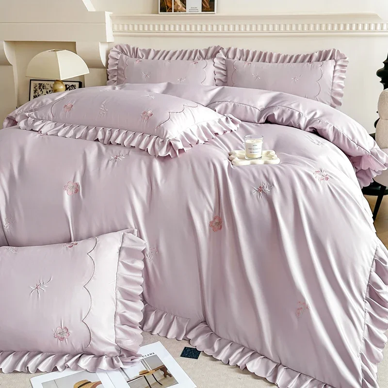 2025 New Arrival Luxury Bedding Set - Ice Silk, Lace - Trimmed, with Exquisite Embroidery, for 1.2m, 1.5m, 1.8m, 2.0m Beds