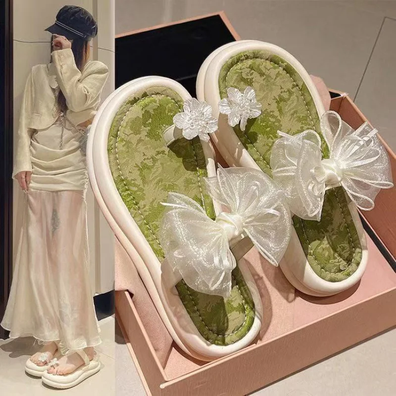 

Custom Women's Slippers 2025 Summer New Floral Bow Toe Round Fashion Platform Thick Sole One-Strap Sandals Women