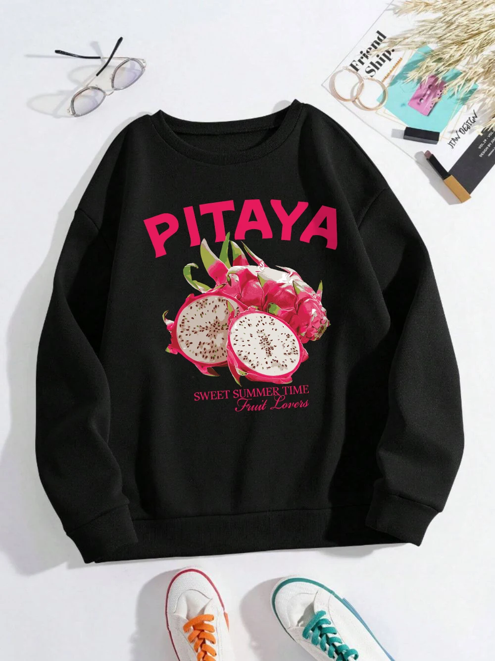 Fresh Pitaya Sweatshirts Women Fruits Printing Hoodies Fleece Warm Crewneck Loose Pullover Street Comfortable Female Clothes