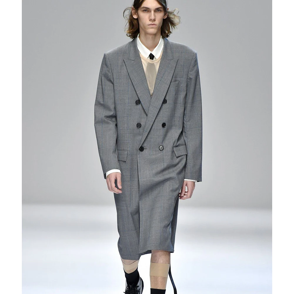 

Мужской серый двубортный пиджак в клетку, длинный костюм большого размера, пиджак с лацканами, модный подиумный стиль, повседневная официальная верхняя одежда
