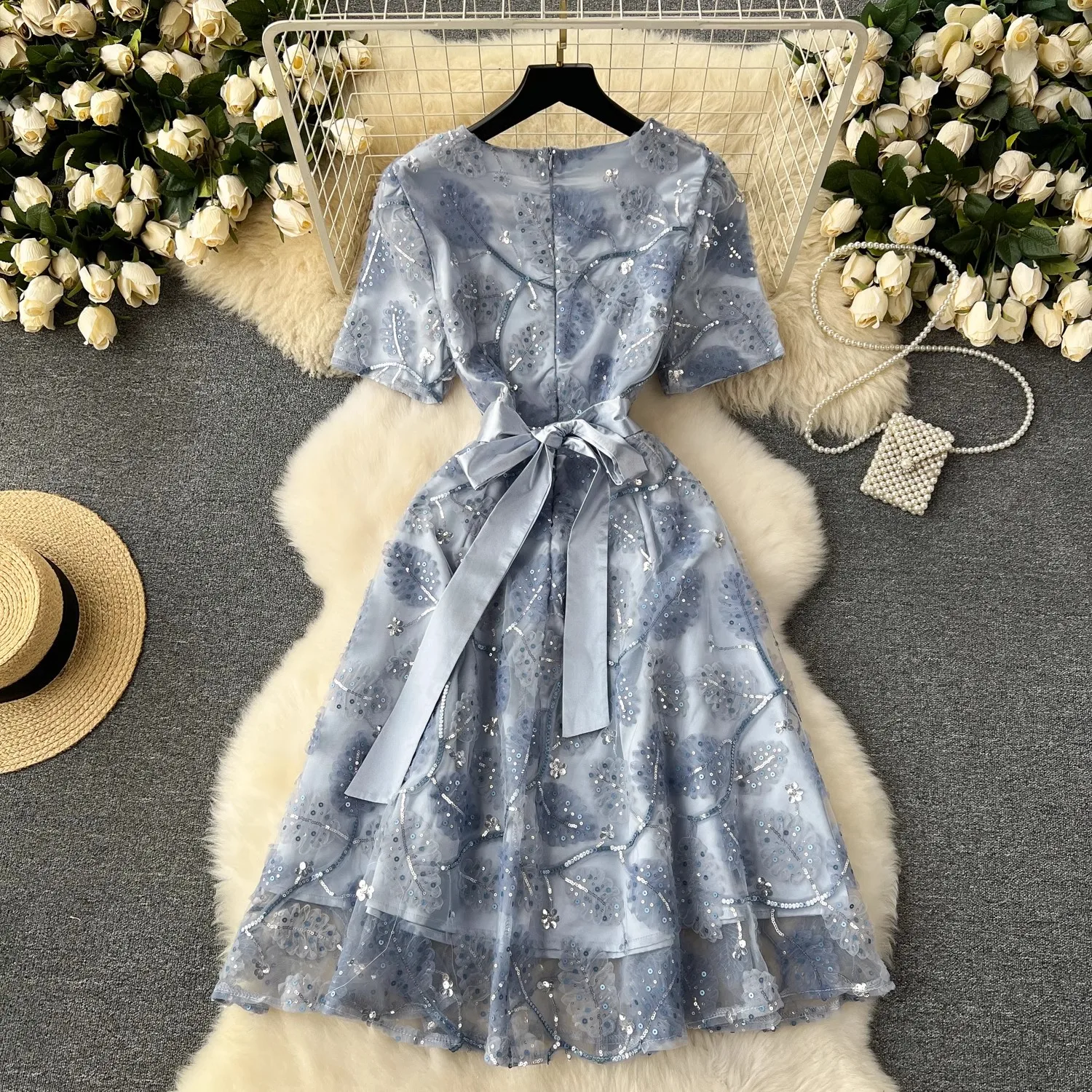 Summer Fashion Luxious Sequins Embroidery Mesh Dress Women's O-Neck Short Sleeve Sashes Slim A-line Elegant Party Vestidos 7054