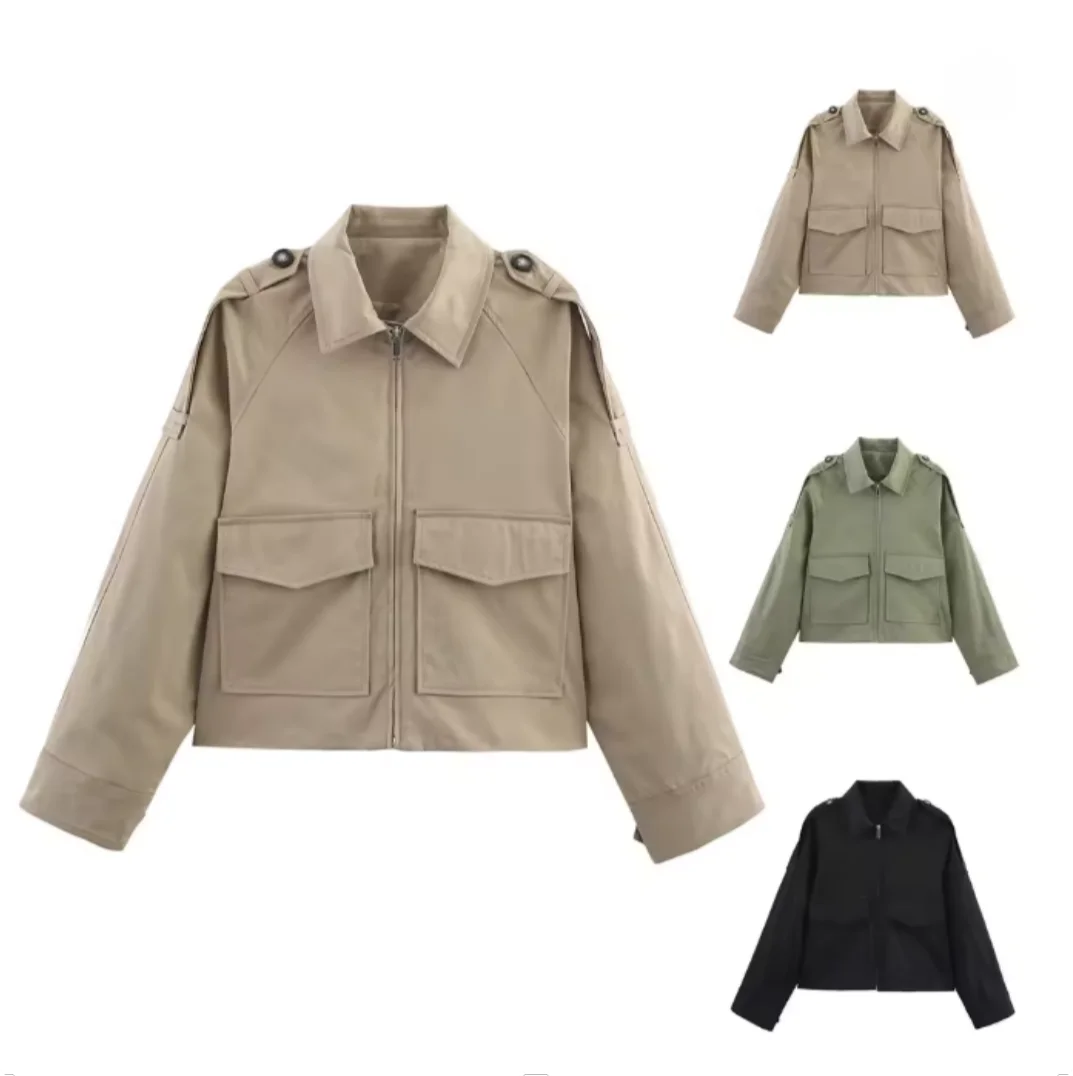 

2025 Новая женская элегантная однотонная куртка-пилот с передним карманом и длинными рукавами на молнии, модная осенняя повседневная куртка
