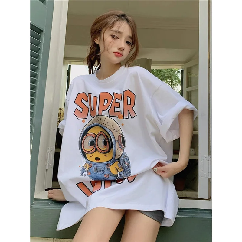 

Minions Printed Short Sleeve T-Shirt Women's Summer Cotton American Trend Versatile Premium Loose Top Women