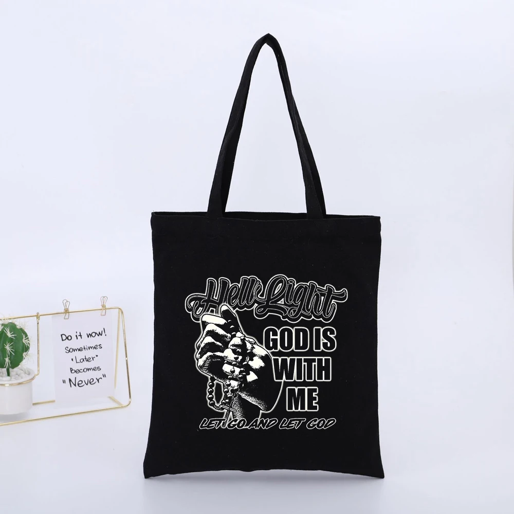 Hand Gesture and Typography Print Canvas Tote Bag, Streetwear Style for Daily Casual Use