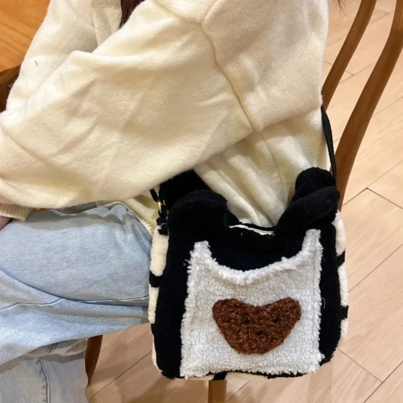 T Bear Lamb Wool Shoulder Bag Y2K Ins Plush Stitch Stripe Crossbody Bag Japan Kawaii Autumn Winter Large Capacity Crossbody Bag