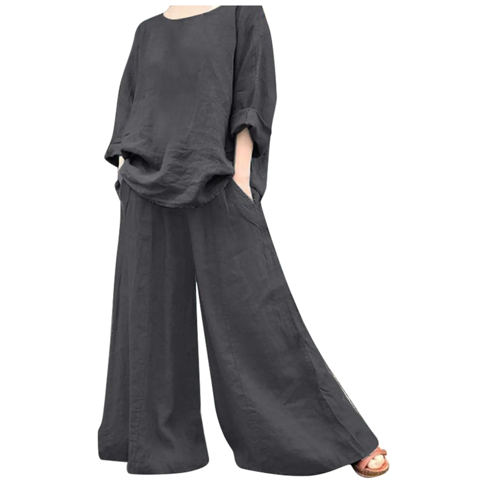 Women Fashion Casual Wide Leg Pant Set Loose O-neck Long Sleeve Shirt High Waist 2 PCS Set Chic Lady Holiday High Street Suit