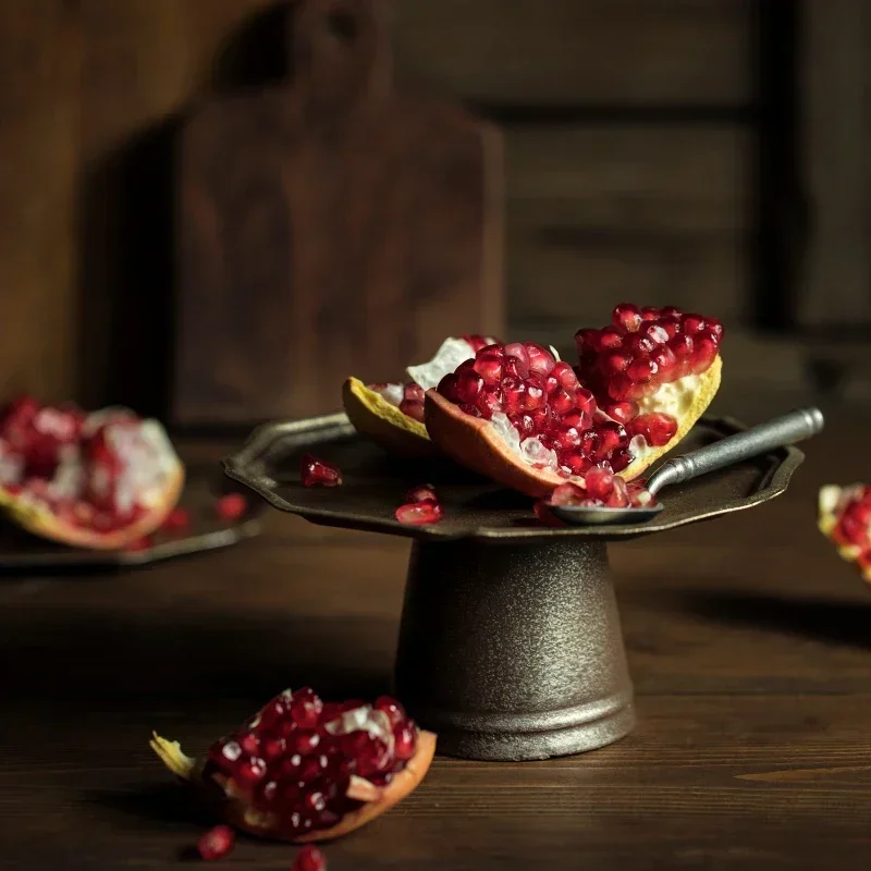 French Vintage Distressed High-Legged Metal Tray, Dessert, Cake, Fruit Plate, Home Storage, Japanese Plate, Photography Props