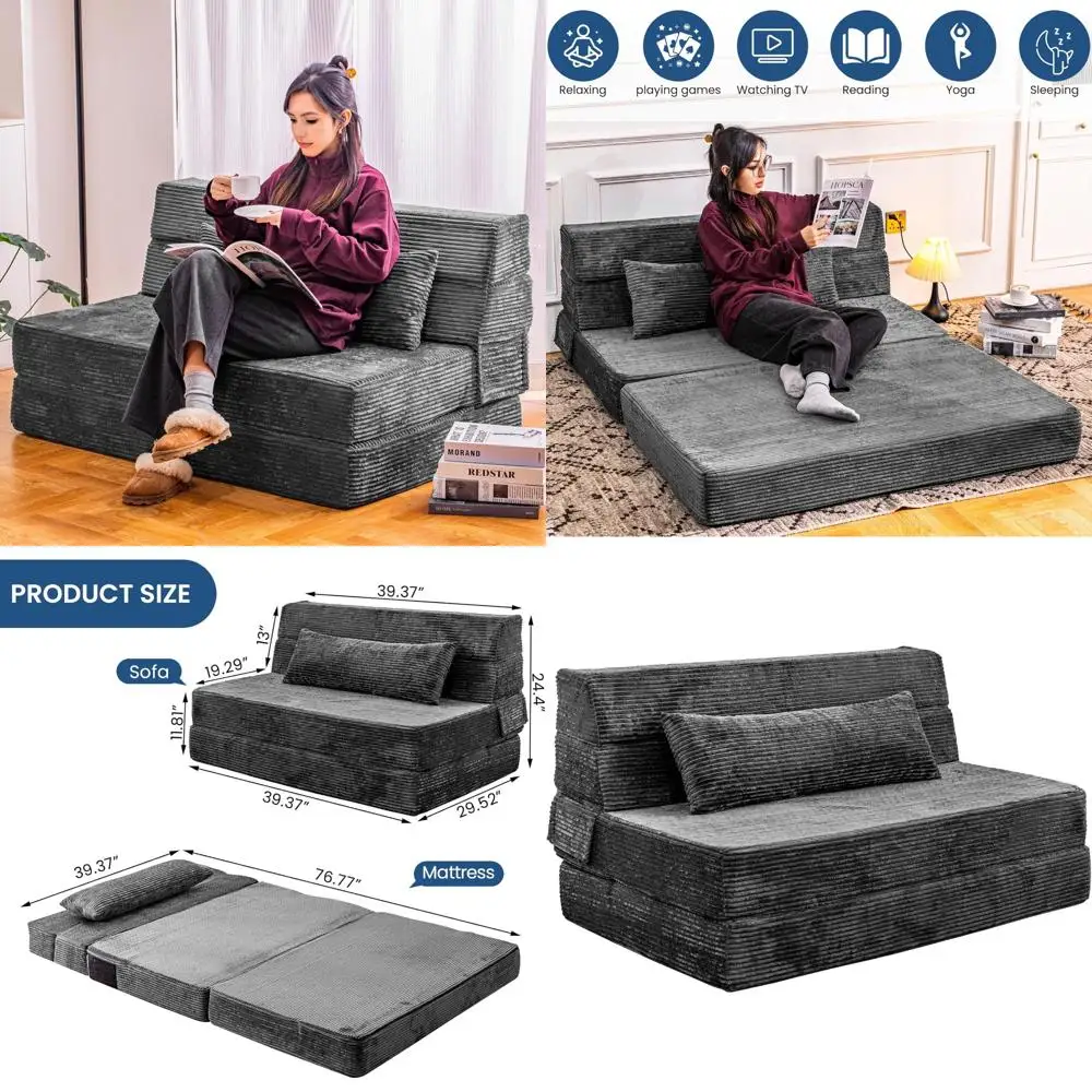Canapé-lit convertible en mousse à mémoire de forme avec oreiller, canapé futon pliable pour un sommeil confortable