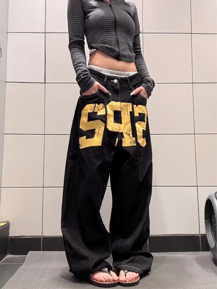 

HOUZHOU Black Letter Print Y2k Women Jeans Harajuku Low Waist Wide Leg American Vintage Denim Trousers Baggy Hip Hop Streetwear