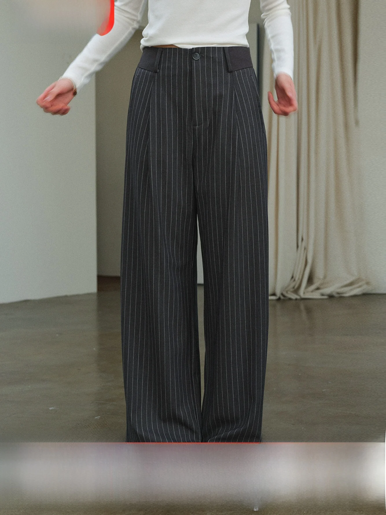 

Gray Stripe Retro Commute Design Versatile Slimming Wide Leg Pants Women Casual Drapey Spring Long Trousers Fashionable