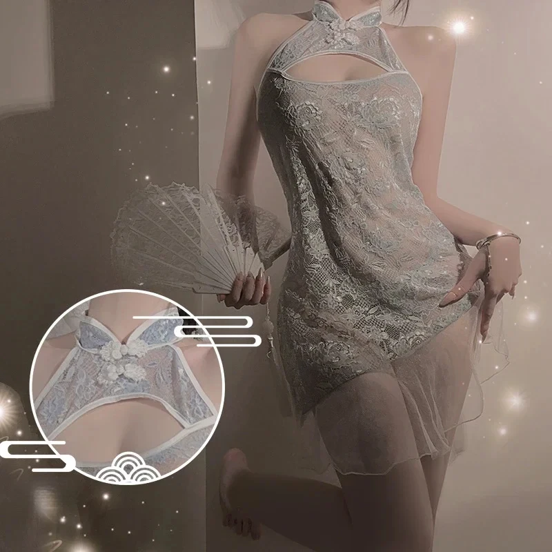 Jupe Qipao chinoise Sexy en dentelle, dos nu, col licou, robe Cheongsam, uniforme de tentation, Lingerie transparente, Costumes de discothèque anciens