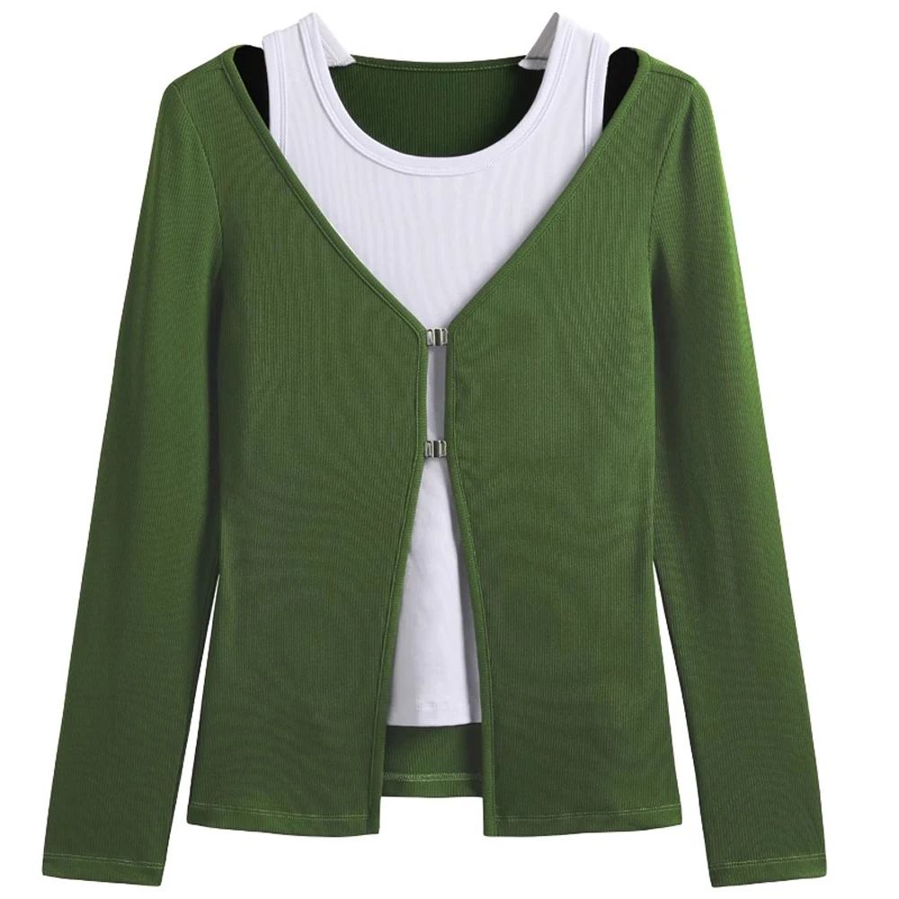 Early autumn beautiful little shirt, women's fake two-piece knitted shirt, green top long sleeved casual high-end outerwear 3XL