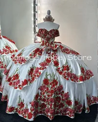 White Princess Mexican Charro Quinceanera Dresses 2025 Red Floral Applique Off Shoulder Corset Sweet 15  vestidos de quinceañera