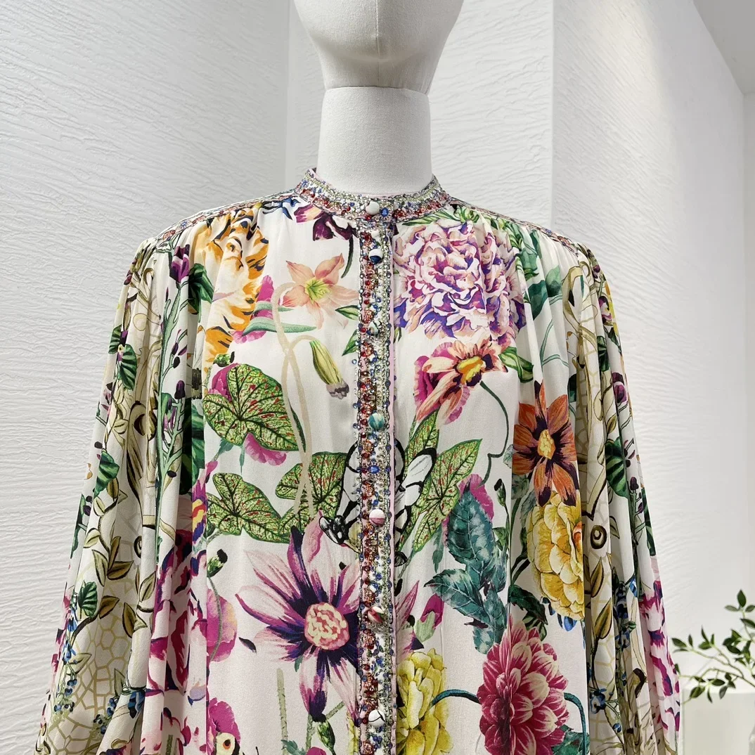 2024 New High Quality Silk Multicolor O Neck Floral Print Long Sleeve Diamonds Pressed Women Blouse Tops and Mini Skirt Set