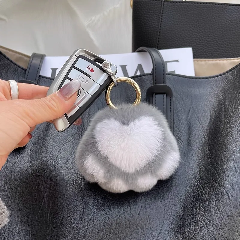 Kitten paw keychain otter rabbit fur faux fur charm real plush bag pendant car key ring accessory cute paw plushie