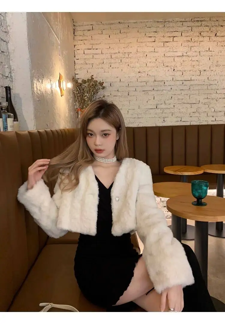 Chic V Neck Cropped Faux Rabbit Fur Jacket Women Elegant Single Button Plush Coats Woman Autumn Winter Fluffy Fleece Outerwear