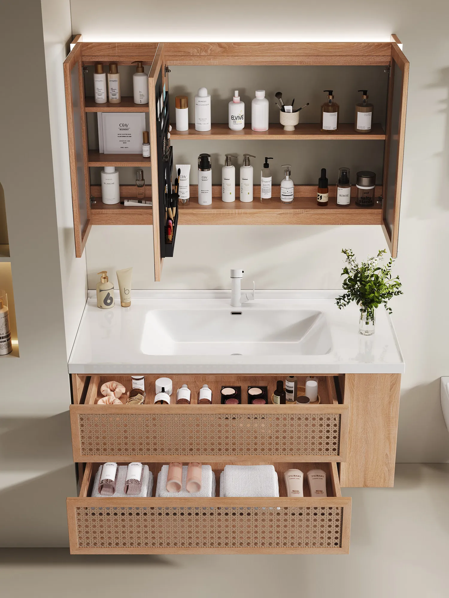 

Log-colored Wabi-sabi-style Bathroom Cabinet, Combined, Japanese Rattan Washbasin Cabinet