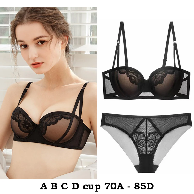 high quality sexy bras and brief set for women push up A B C D cup lace comfortable wire summer lingerie underwear black