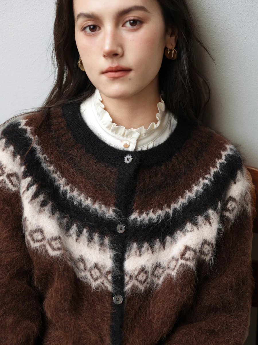 102cm Bust Spring Autumn Women Delicate Nordic Fair Isle Style Mori Girl Loose Knitted Alpaca Wool Sweaters Cardigans