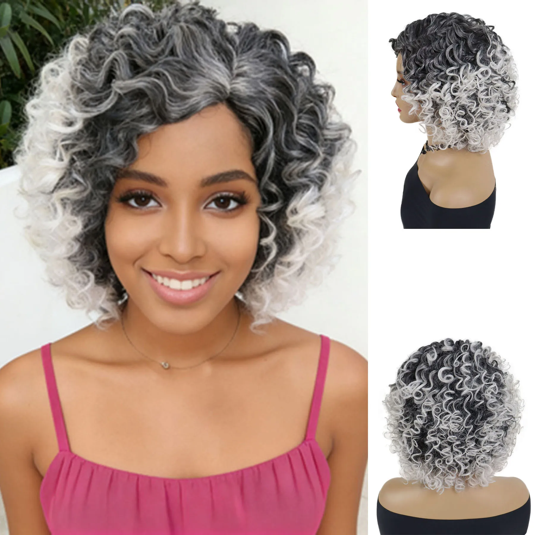 

Синтетический парик омбре серого цвета для пожилых женщин с челкой, афро- кудрявый парик для чернокожих женщин, короткий парик для афроамериканок, для повседневной носки, вечеринок и косплея