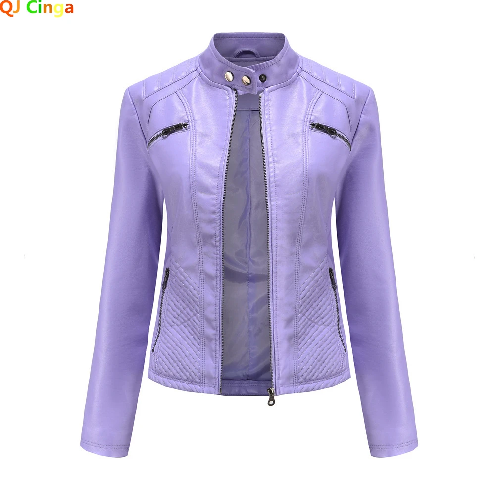 Lavender Purple Long Sleeve PU Jacket Women\'s Fashion Motorcycle Leather Jacket Red and Black Coat Women Outerwear