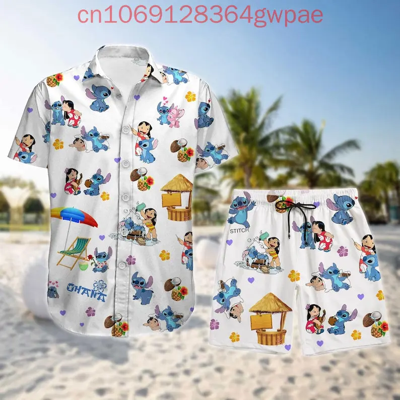 

Гавайская рубашка Disney Stitch, рубашка на пуговицах, мужские шорты, костюм, рубашка Aloha, мужские и женские шорты с героями мультфильмов