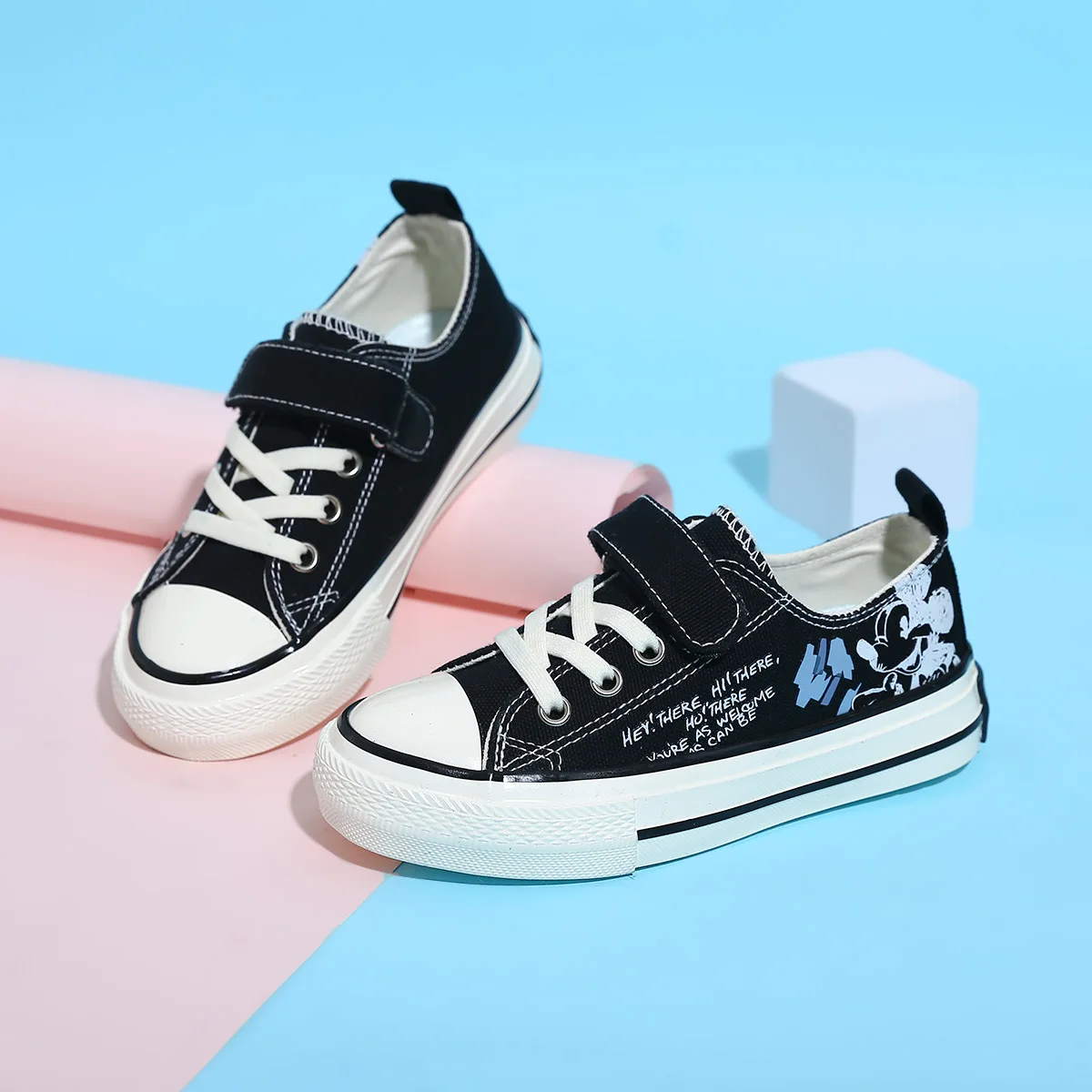 Disney Low-top Canvas Mickey Shoes Spring New Casual Shoes Boys Girls Non-slip White Black Sneaker Shoes Flats Size 24-40