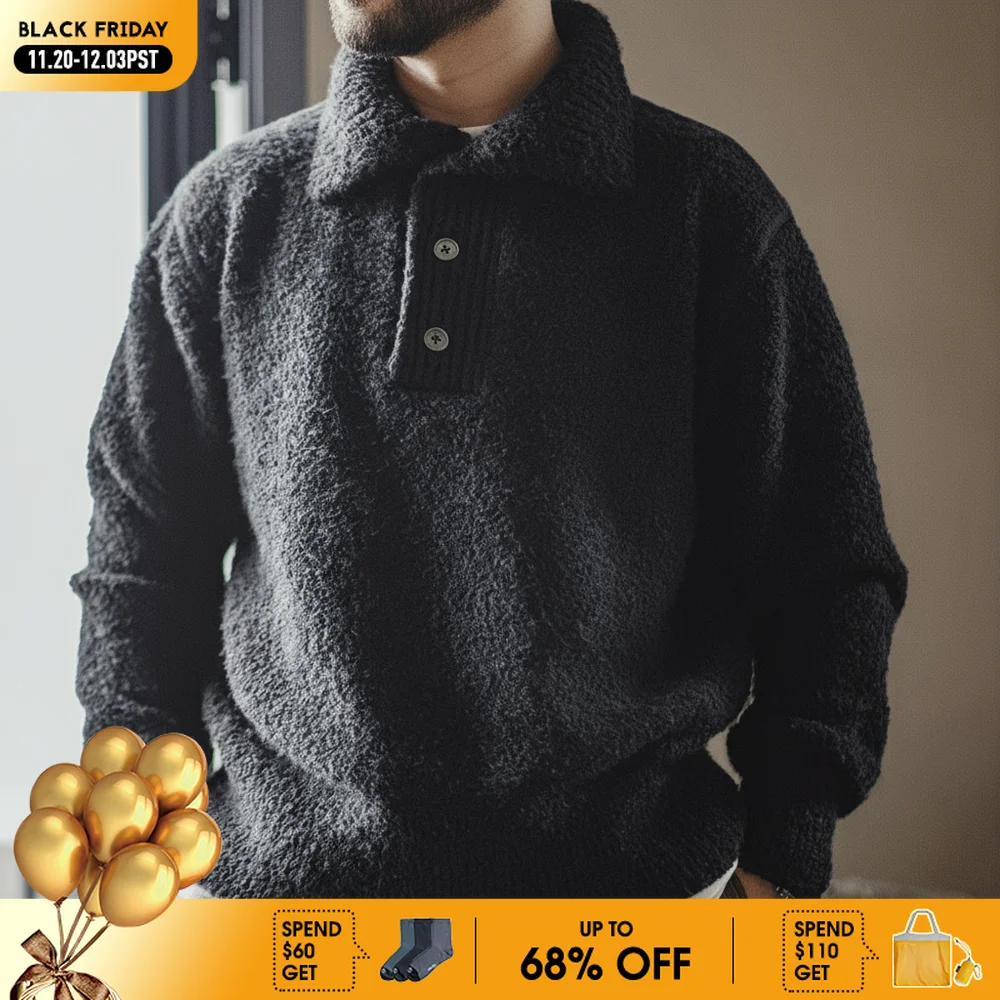 

MADEN Мужской толстый вязаный свитер 2024 осенне-зимний сезон длинные рукава отложной воротник петельная пряжа поло свитер с вытяжкой для надевания на голову тёплая вязаная одежда