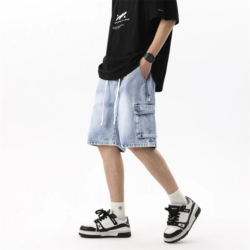 

Summer Men's Workwear Denim Shorts Retro Fashion Elastic Waist Loose Straight Leg Large Pocket Shorts Brand Men's Clothing