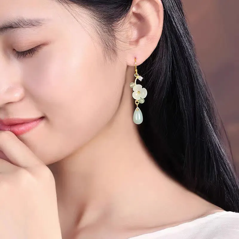Chinese Style Hanfu Cheongsam Matching Long Dangle Earrings 925 Silver Faux Jade Flower Teardrop Design For Women Pierced Hook