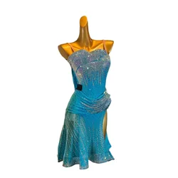 Latin Dance International Competition Clothing Exclusive High-end Custom Colorful Aqua Blue Tango Professional Competition Dress