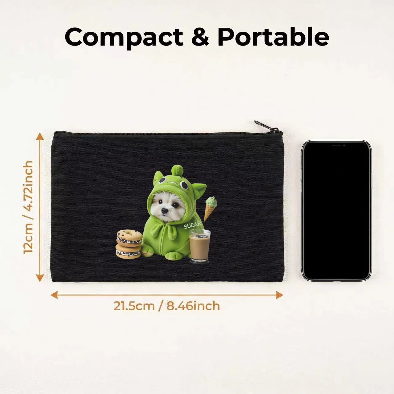 1PC Green Monster Hood Puppy Donut Coffee Double Sided Print Canvas Cosmetic Bag Travel Zipper Pouch