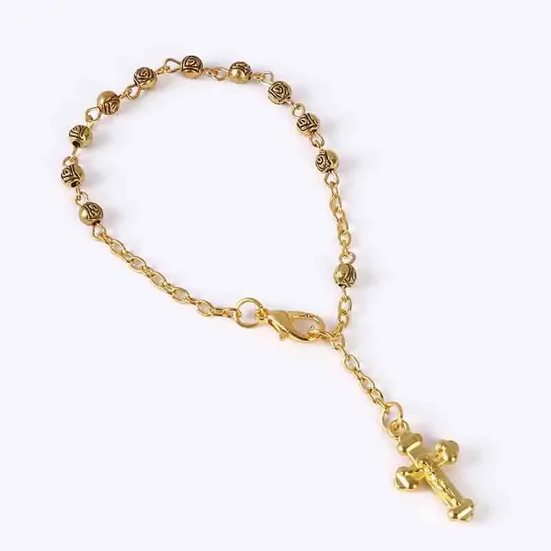 4mm Catholic mini small rose Cross bracelet, children's baptism bracelet
