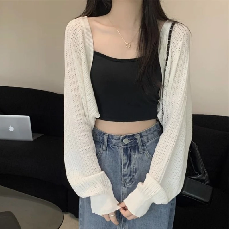 Summer Knitted Cardigans Women Hollow Out Tender Korean Style Ladies Simple Crop Fashion Clothing Vintage All-match Loose Design