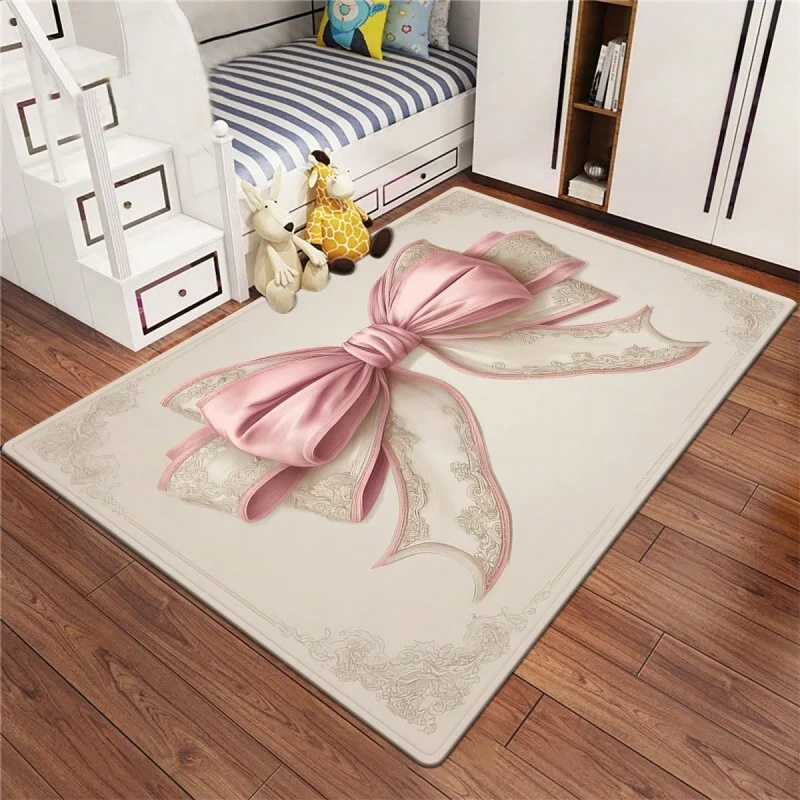 Newest Elegant Satin Bow Large Area Rug, Vintage Lace Bowknot Printed Floor Mat for Girls Bedroom Indoor Room