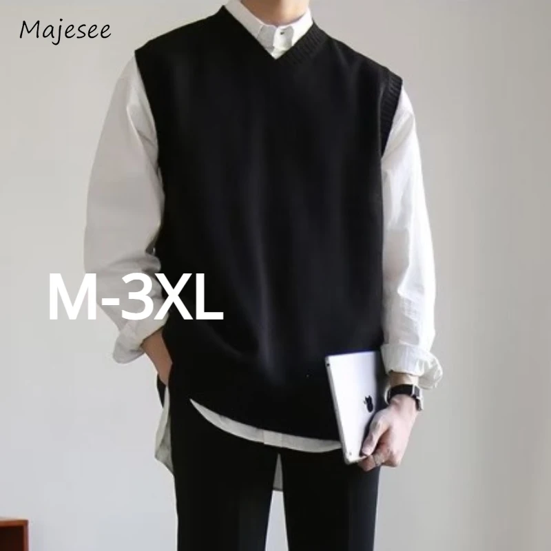 

Black Sweater Vest Men Hot Sales Korean Style Chic Solid Autumn Basic Casual Sleeveless Knitwear V-neck Retro Loose High Street