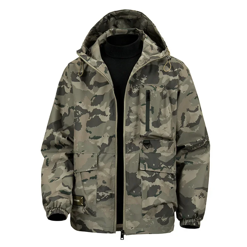 LIBIELIY Men's Camouflage Jacket Autumn Winter Fashion Waterproof Warmth Hooded Coat Thin Summer Suitable Zipper Regular Pattern