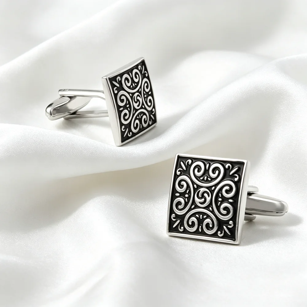 Vintage Square Cufflinks for Men Black Enamel Swirl Pattern Mens Cuff Links Formal Business Wedding Dress Shirt Accessories Gift