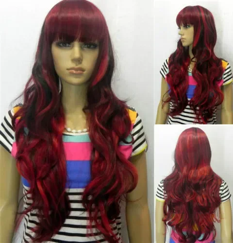 

HOt~!Fashion Black Mix Red Wig Long Wavy Curly Hair Women Cosplay Full Wigs