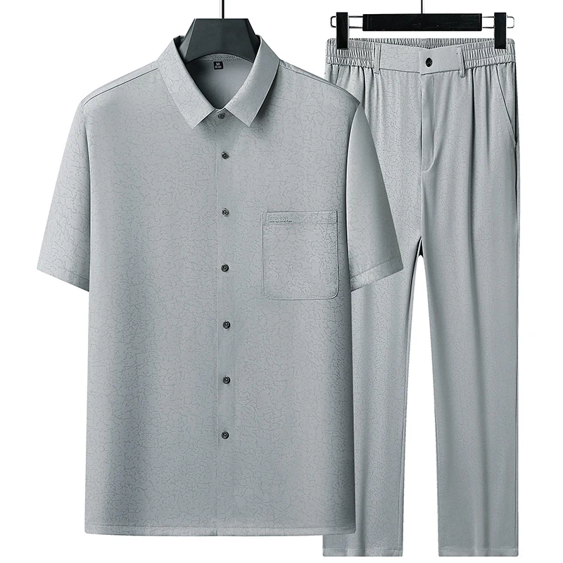 

Элитный мужской комплект из ледяного шелка с коротким рукавом для мужчин среднего и пожилого возраста - тонкий двухсоставный набор