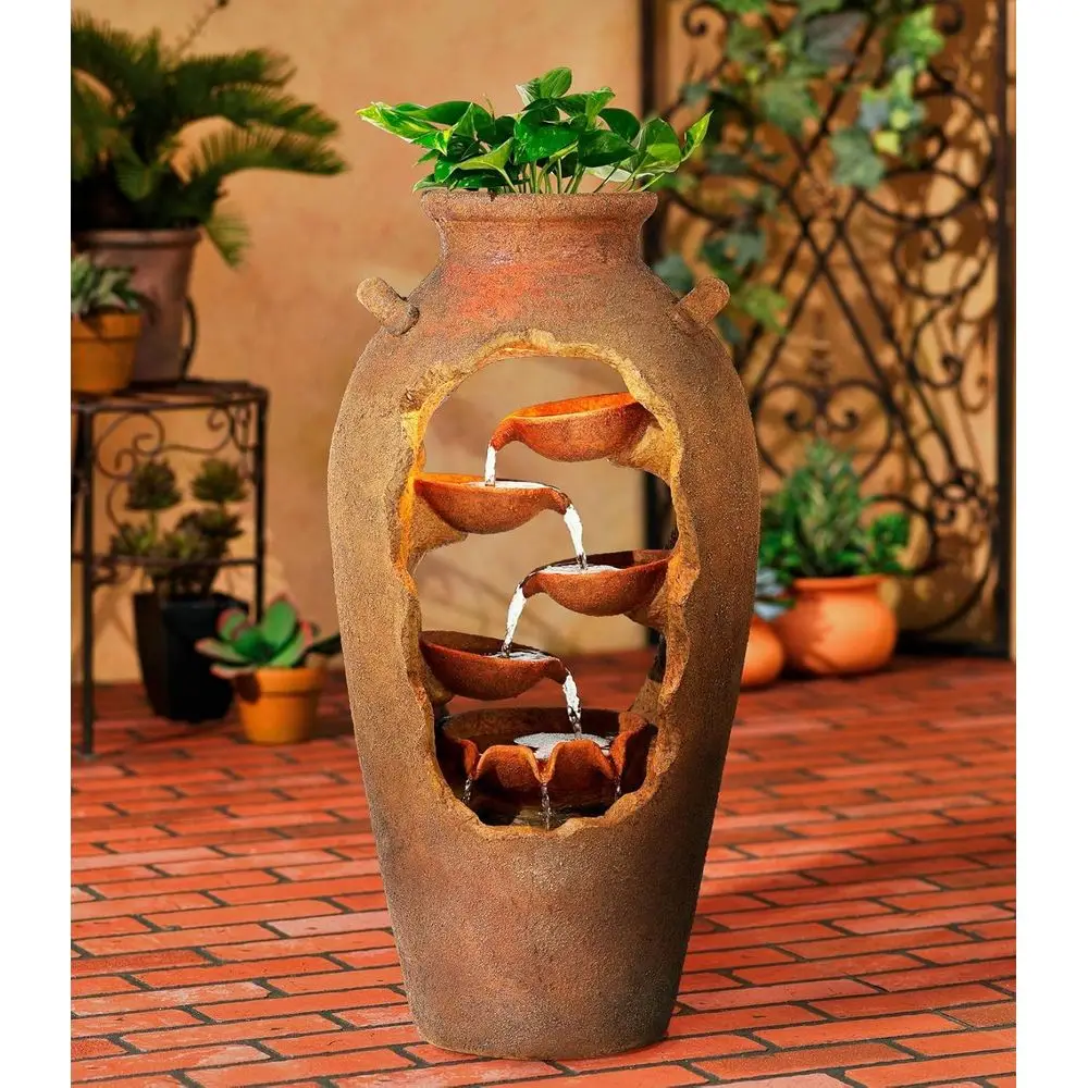 33 High Large Rustic Outdoor Decor Stone Floor Mountain with Light LED Urn Planter Waterfall Standing Water Feature for Outside