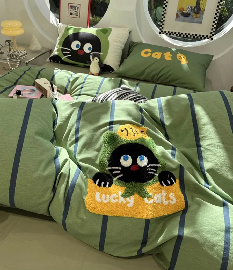 Cute towel embroidery dog cat brown green bedding set,twin full queen king cotton home textile bed sheet pillow case duvet cover