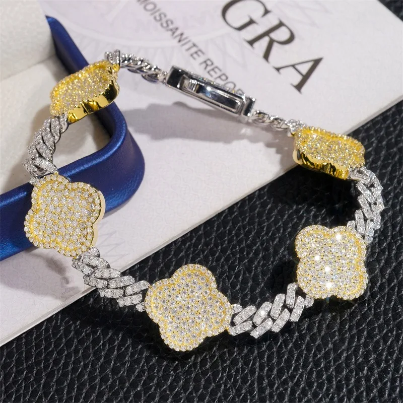 Hiphop 6mm Full Moissanite Clover Cuban Chain Bracelet for Women Men Rock Jewelry 925 Silver Shine Diamond Miami Link Bracelets
