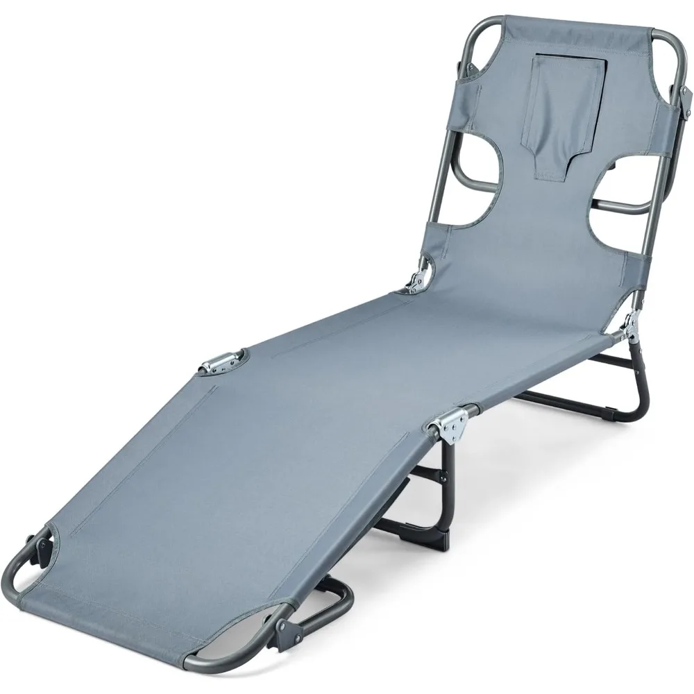 Foldable Outdoor Lounge Chair with Multi-Angle Backrest, Quick-Drying Fabric, Portable and Grey
