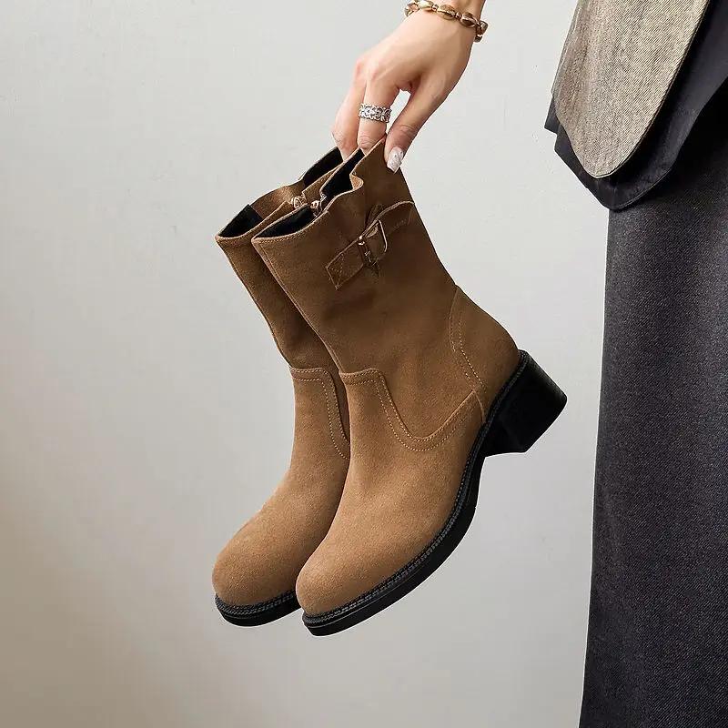 2027 New Autumn Winter Cow Suede Women Boot Fashion Platform Boots for Women Chunky Heel Ankle Boots Ladies Shoes Western Boots