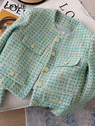 CJFHJE Elegant Luxury Green Plaid Tweed Jacket Women French Vintage New Spring Autumn Casual Blazers High Street Short Suit Coat