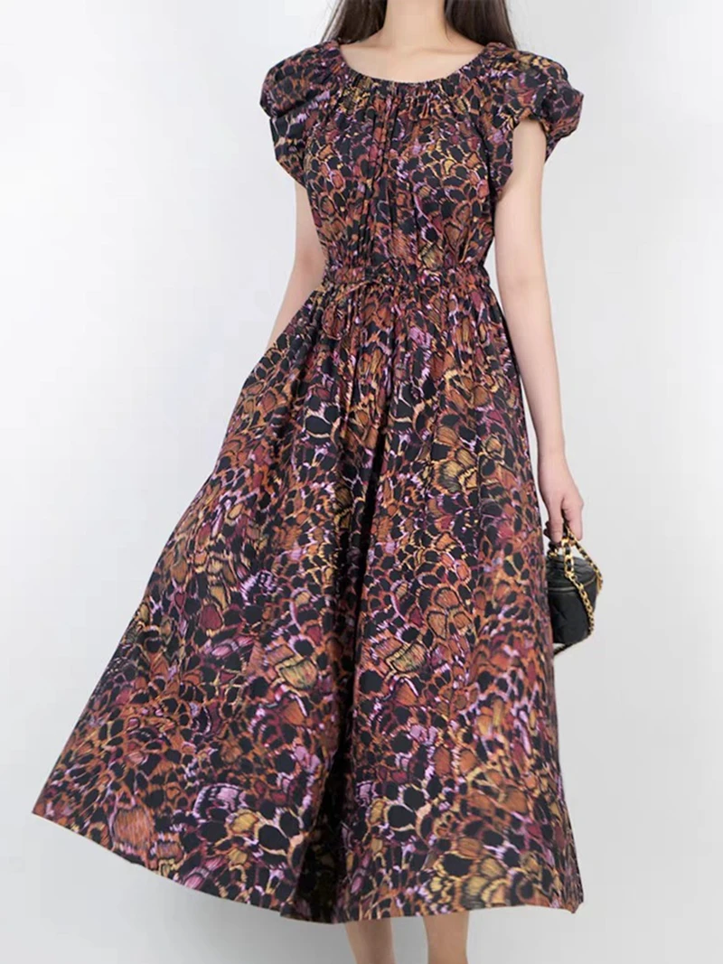 

Dress For Women Spring/summer 2024 New Item Small Floral Bubble Sleeves Waist Cinching Slimming Short Sleeved Long Skirt