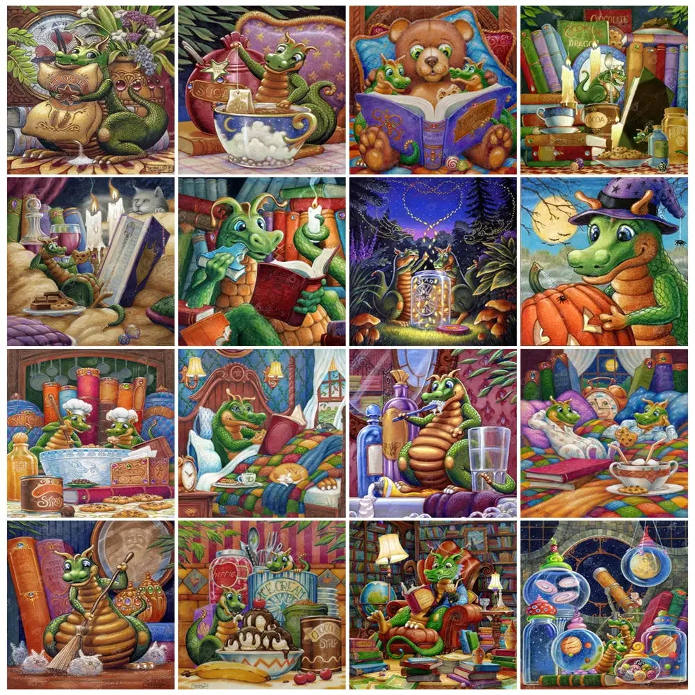 Pintura de diamante 5D DIY, lindo Animal, pequeño dragón, libros de lectura de Randal Spangler, taladros completos, mosaico de punto de cruz, decoración del hogar